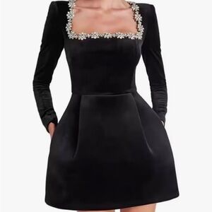 NADINE MERABI Black Long Sleeve Dress with Floral Accents